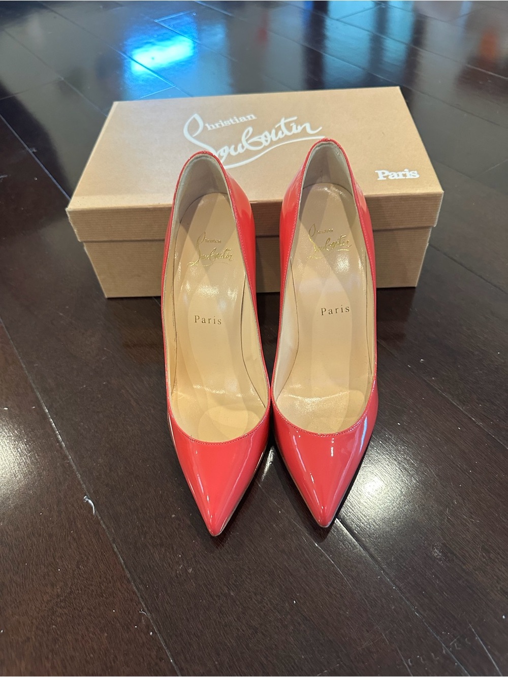 Christian Louboutin Coral-Red Patent Pointed Pumps